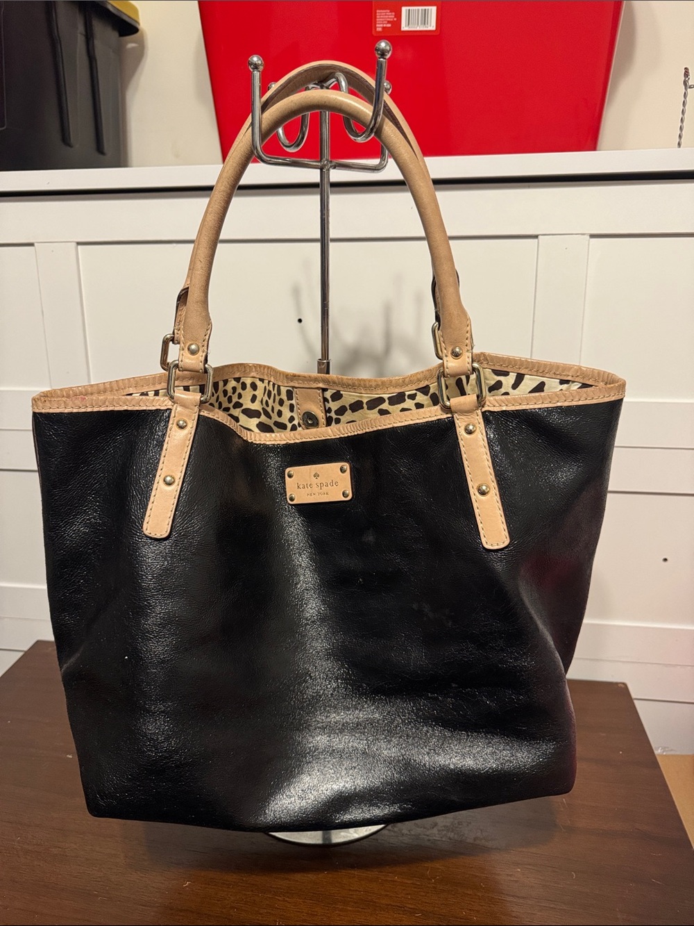kate spade Black Leather Tote with Tan Trim and Leopard Interior